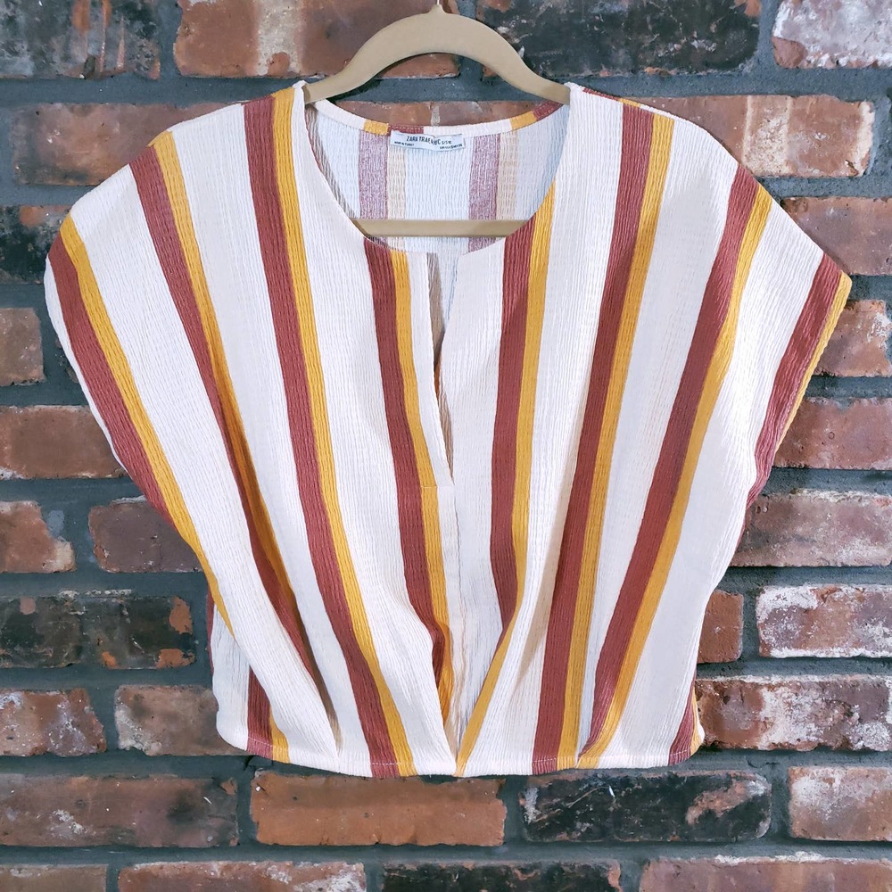 Zara Trafaluc Striped Split Neck Dolman Sleeve Boxy Top Bohemian Women's S
